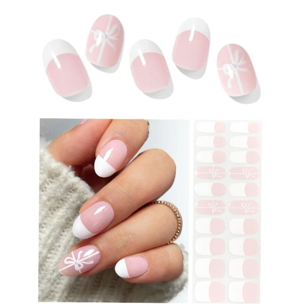 French Tip Bow Tie Semi-Cured Gel Nail Strip Set